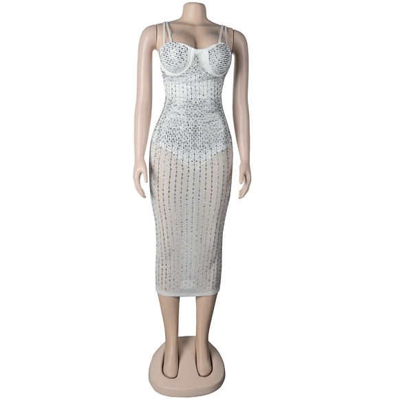 Fashion Mesh Rhinestones details midi Dress new size XXL, 3XL Strech Material. - Picture 5 of 9